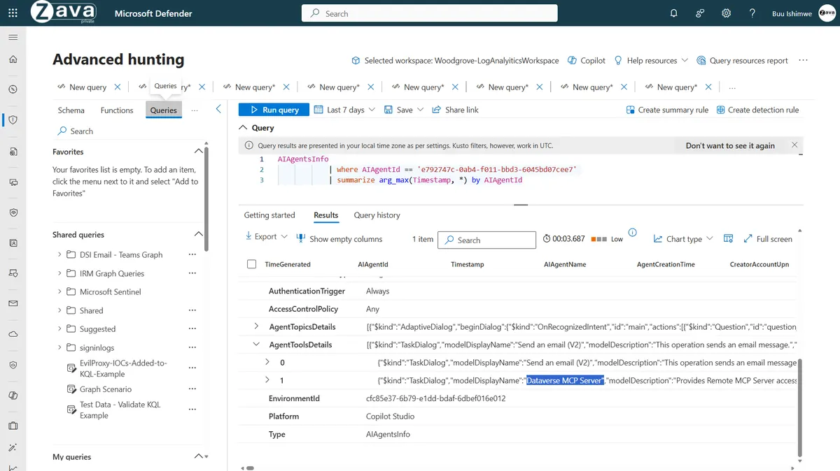 Advanced Hunting KQL query against the AgentsInfo table showing agent creation time, creator, tools, and platform details