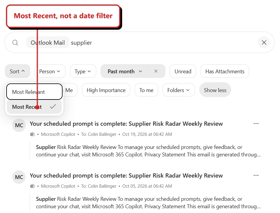 Outlook Mail search for supplier with the Sort menu open. Most Relevant and Most Recent are offered; Most Recent is selected. Most Recent, not a date filter points to that selection. The first two visible emails are dated 19 October and 5 October 2026.