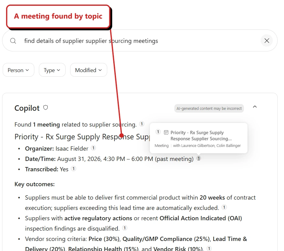 Copilot Search answer reports one meeting related to supplier sourcing, dated 31 August 2026. A meeting citation card is open beside its title, with organiser details and listed outcomes below. A meeting found by topic points to the meeting result.