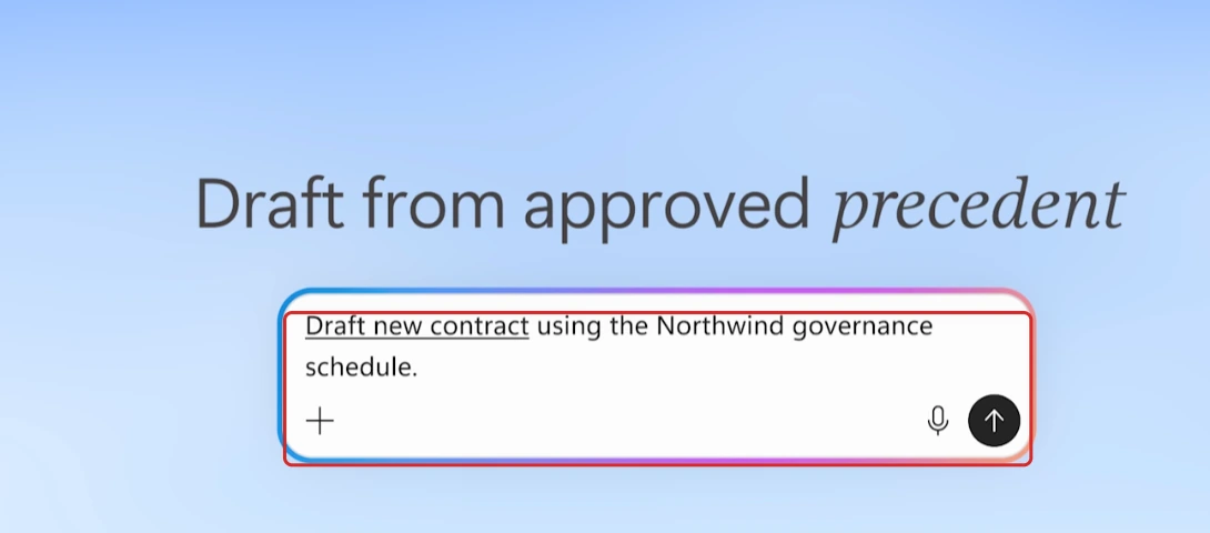 Legal demonstration headed Draft from an approved precedent, with a red outline around the prompt to draft a new contract using the Northwind governance schedule.