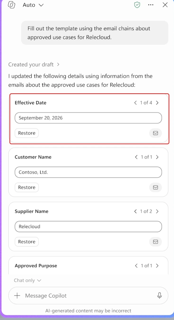 Legal demonstration with a prompt to fill a template from email chains. Effective Date, Customer Name and Supplier Name fields are visible, with a red outline around the Effective Date card and its Restore control.