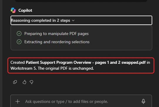 Copilot response showing PDF manipulation and reordering steps, with a red outline around its report that it created a copy with pages 1 and 2 swapped and left the original PDF unchanged.