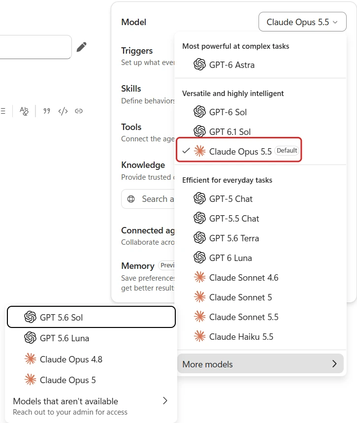 My Studio model menu shows grouped model choices and a More models submenu. A red outline frames Claude Opus 5.5 and its Default badge. No Preview or Experimental release labels are visible.