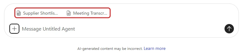My agent message composer has two staged attachments with shortened names beginning Supplier Shortlis and Meeting Transcr. A red outline surrounds the attachment chips; the message field is empty and no response is shown.