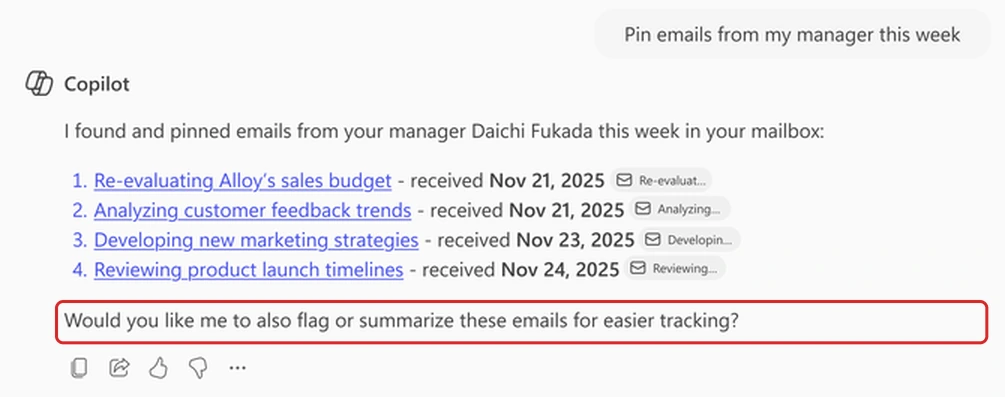 Cropped official Microsoft screenshot of Copilot Chat. The prompt reads Pin emails from my manager this week. Copilot answers that it found and pinned four emails. A red outline highlights the sentence offering to flag or summarise these emails.