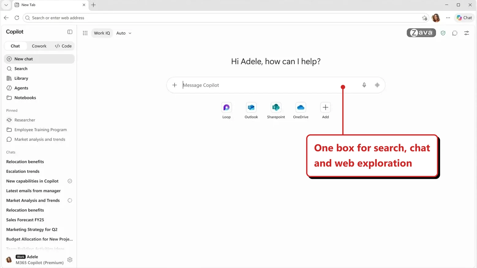 Official Microsoft image of an Edge new tab page with a Copilot panel. Tabs at the top of the panel read Chat, Cowork and Code, cropped by me. The greeting reads Hi Adele, how can I help? and shortcut tiles below it include Loop, Outlook, SharePoint, OneDrive and Add. Callout: “One box for search, chat and web exploration”