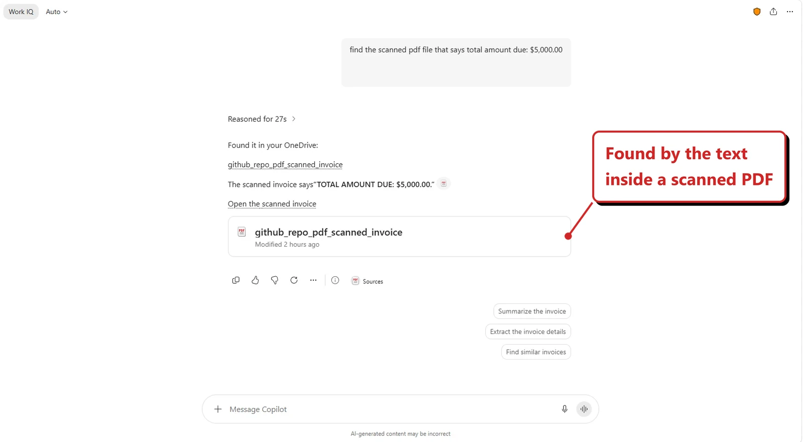 Official Microsoft image of a Copilot chat. The prompt reads find the scanned pdf file that says total amount due: $5,000.00. The answer reads Found it in your OneDrive and names the file github_repo_pdf_scanned_invoice, quoting TOTAL AMOUNT DUE: $5,000.00. Callout: “Found by the text inside a scanned PDF”