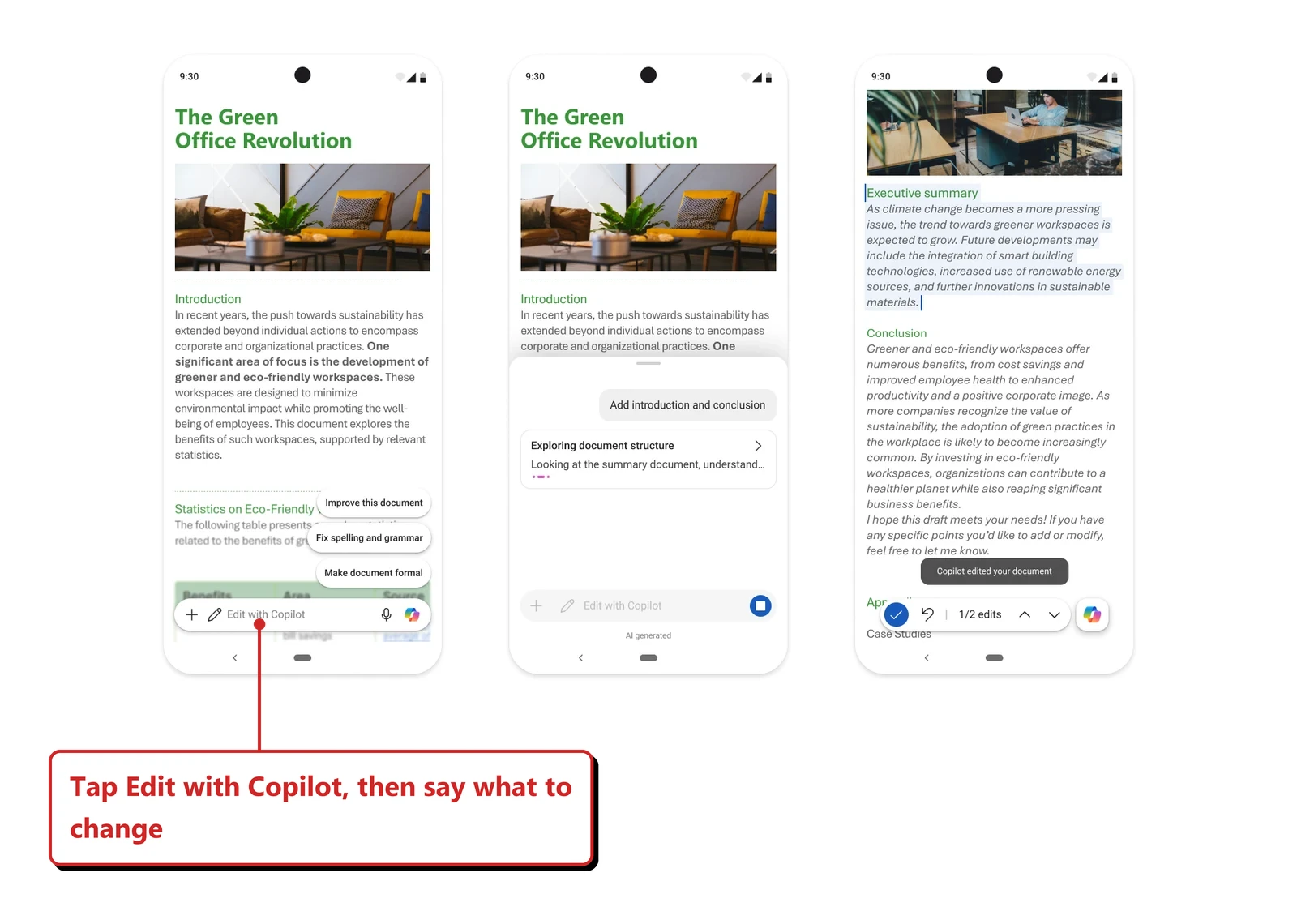 Official Microsoft image of three Android phones showing a Word document titled The Green Office Revolution. One shows an Edit with Copilot bar with suggestion chips, one shows the prompt Add introduction and conclusion, and one shows a message that Copilot edited your document, with edits 1 of 2. Callout: “Tap Edit with Copilot, then say what to change”