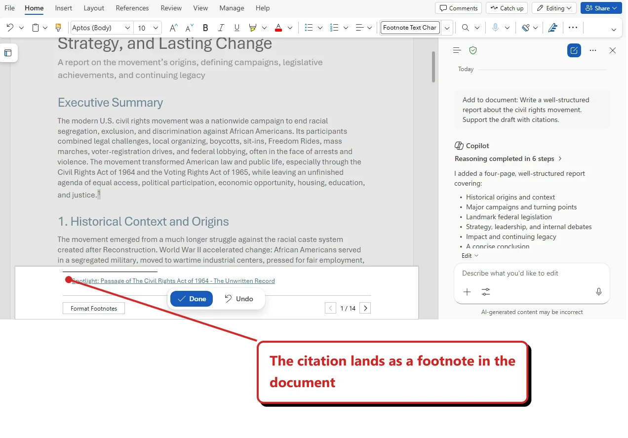 Official Microsoft image of a Word report on the civil rights movement. Footnote 1 reads Spotlight: Passage of the Civil Rights Act of 1964, shown as 1 of 14. The Copilot pane beside it holds the prompt Support the draft with citations. Callout: “The citation lands as a footnote in the document”