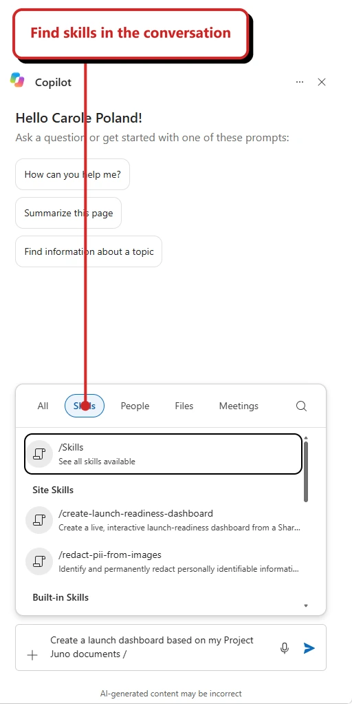 Official Microsoft screenshot. Copilot pane with suggestion prompts, a selected Skills tab, /Skills shortcut, two Site Skills and the message composer. Callout: “Find skills in the conversation”.