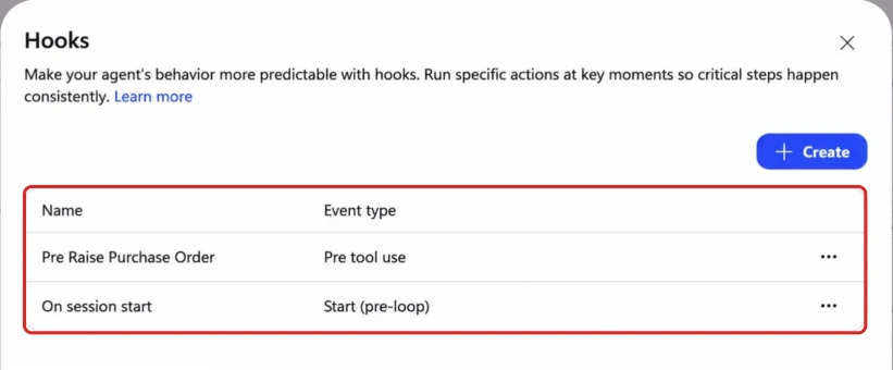 Microsoft's Hooks dialog lists Pre Raise Purchase Order with event type Pre tool use and On session start with Start pre-loop. A red outline frames those two configured rows.