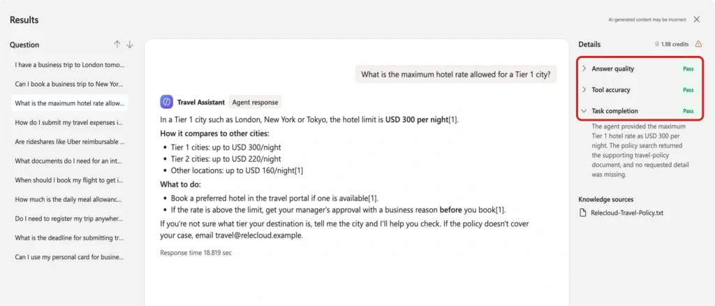 Microsoft's travel-assistant evaluation results show a hotel-policy answer and response time. A red outline frames the Answer quality, Tool accuracy and Task completion results on the right.