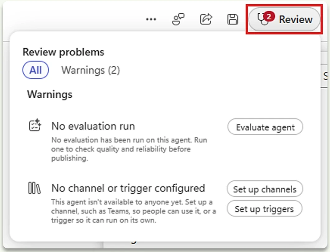 Microsoft's Review problems panel shows two warnings: No evaluation run and No channel or trigger configured. Microsoft's red outline surrounds the Review button and its badge showing two issues.