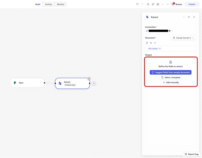 Microsoft's workflow example connects Start to an Extract node. A red outline frames the Output setup with Suggest fields from sample document, Select a template and Add manually.